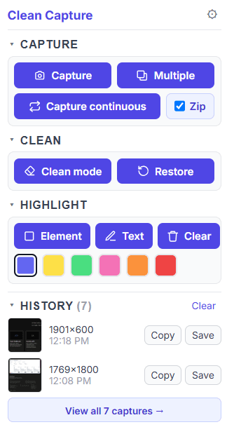 The Clean Capture extension popup, showing capture, clean, highlight and history controls