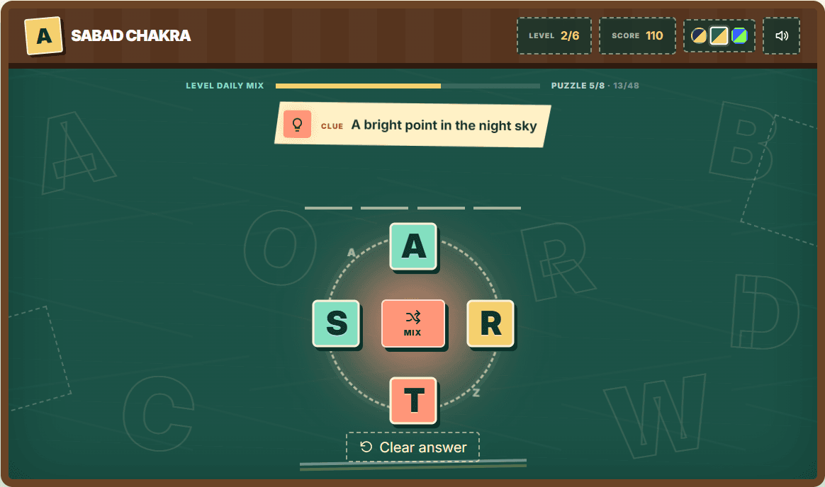 Sabad Chakra word puzzle with a clue, answer slots, and a colorful letter wheel