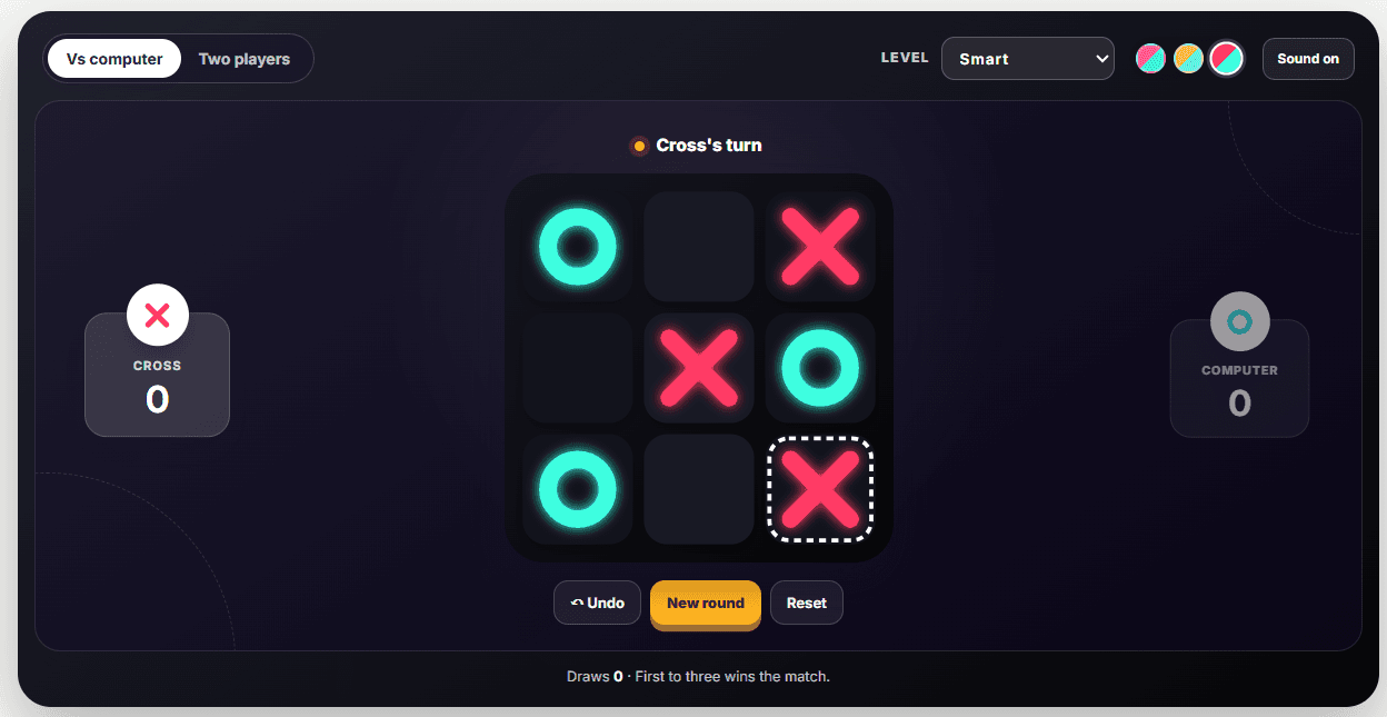 A colorful Tic Tac Toe match against the computer